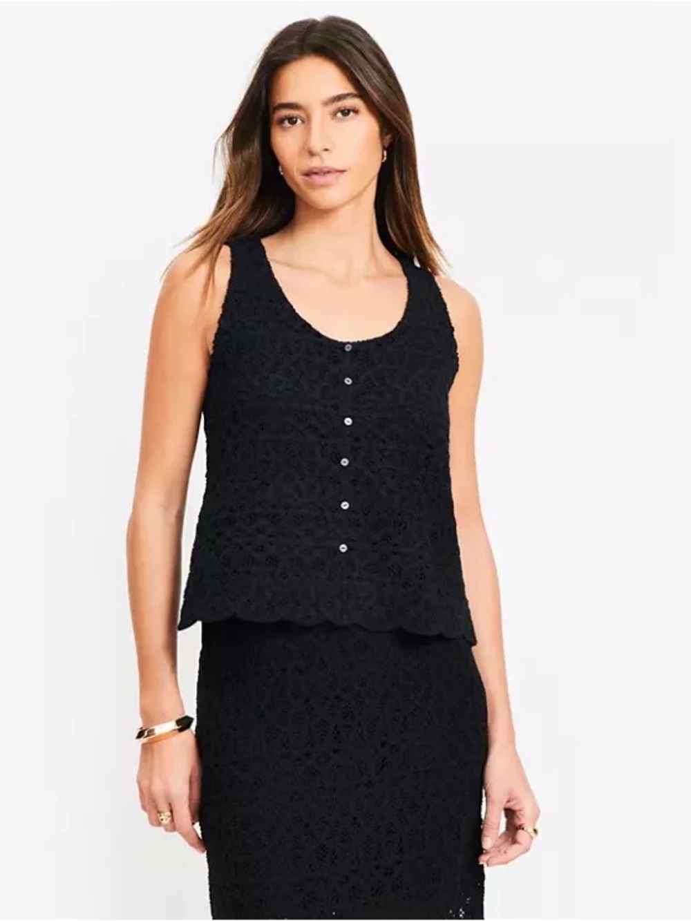 Loft Black Crochet Faux Button-Front Tank